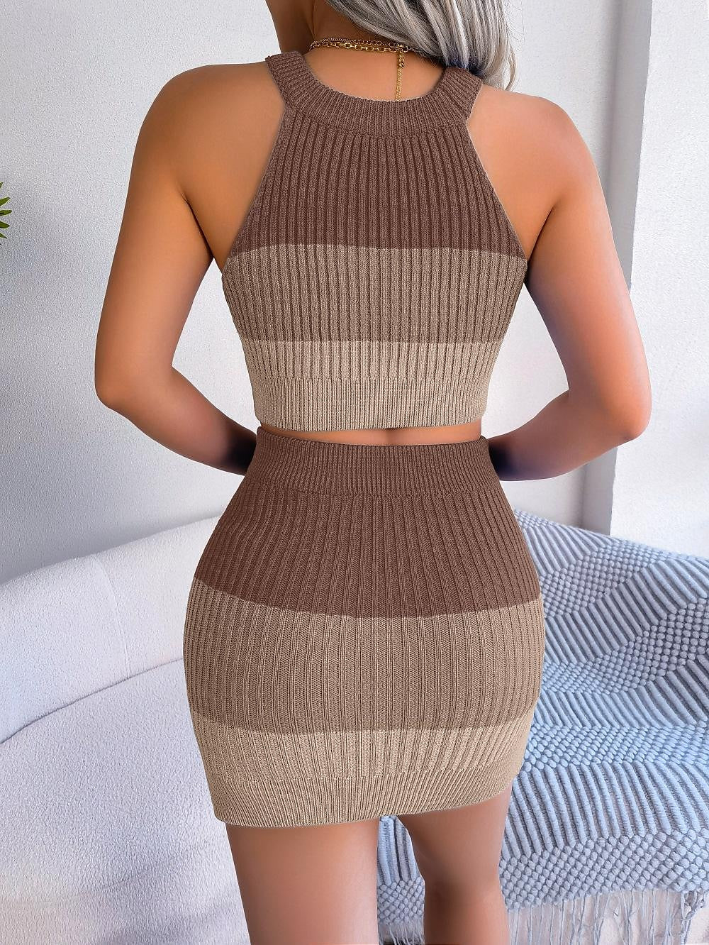 Women's Two Piece Dress Set Casual Dress Skirt Set Outdoor Date Fashion Print Mini Dress Crew Neck Sleeveless Color Block Slim Pink Blue Khaki Summer S M L