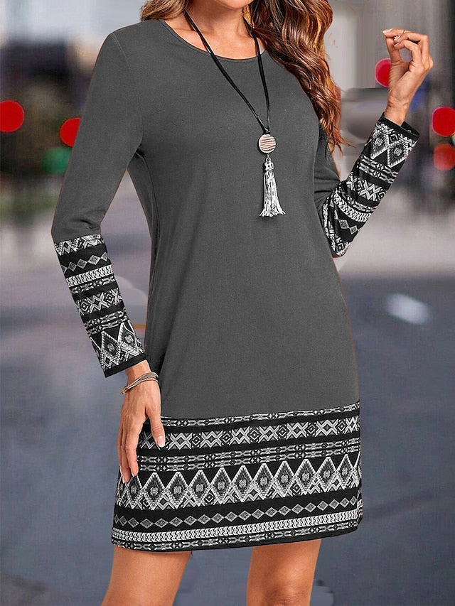 Women's Work Dress Casual Dress Fashion Winter Dress Daily Mini Dress Print Crew Neck Long Sleeve Geometric Color Block Loose Fit Blue Brown Green Fall Winter S M L XL XXL