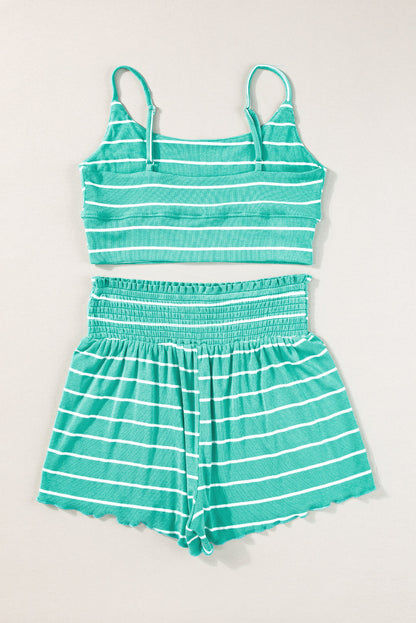 Green Stripe U Neck Crop Cami Top and Shorts Outfit