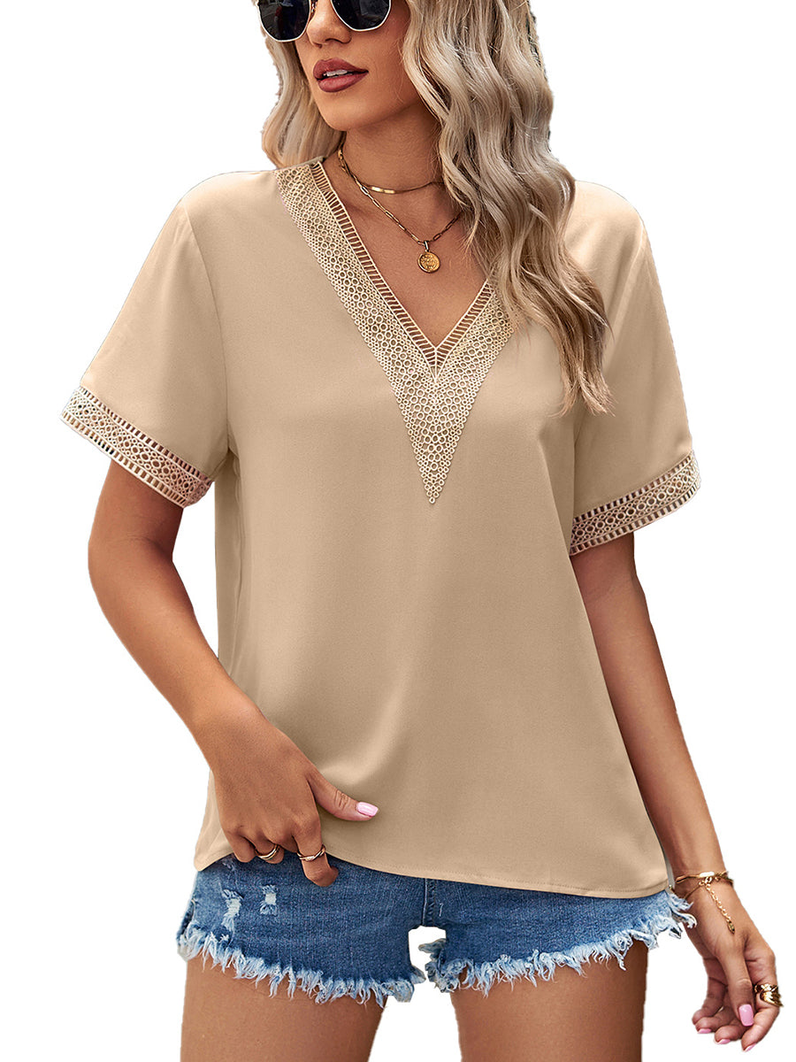 T-Shirts - Lace Paneling V-Neck Solid Color T-Shirt - MsDressly