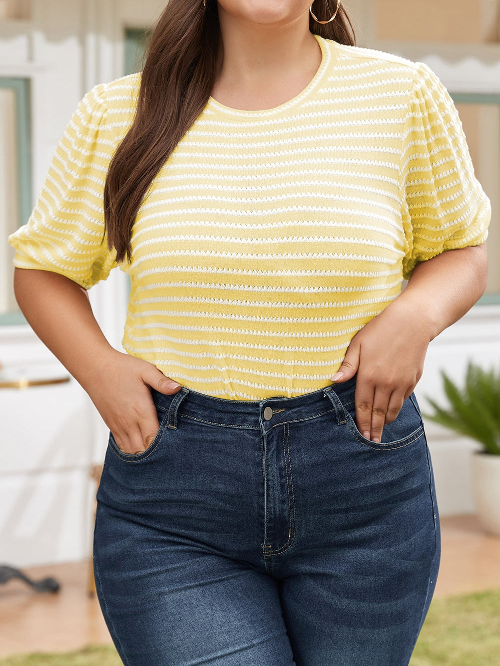 Yellow Stripe Short Puff Sleeve Plus Size Jumper