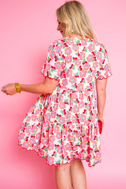 Multicolour Flower Print Scalloped Short Sleeve Ruffled Dress