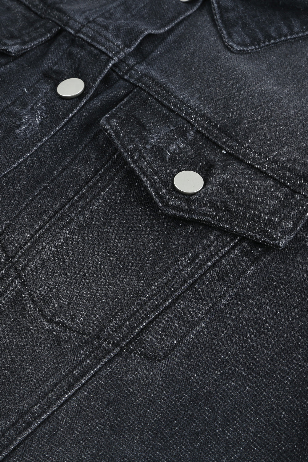 Black Lapel Distressed Raw Hem Buttons Denim Jacket