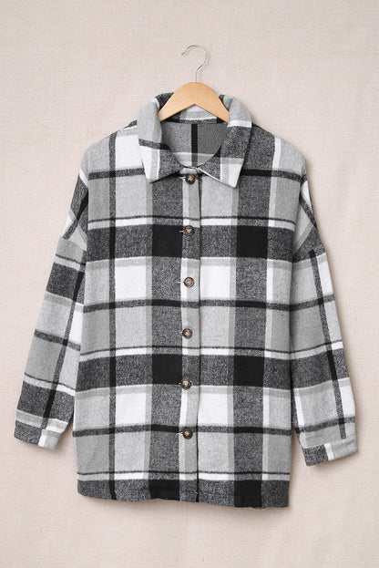 Gray Plaid Print Buttoned Shirt Jacket