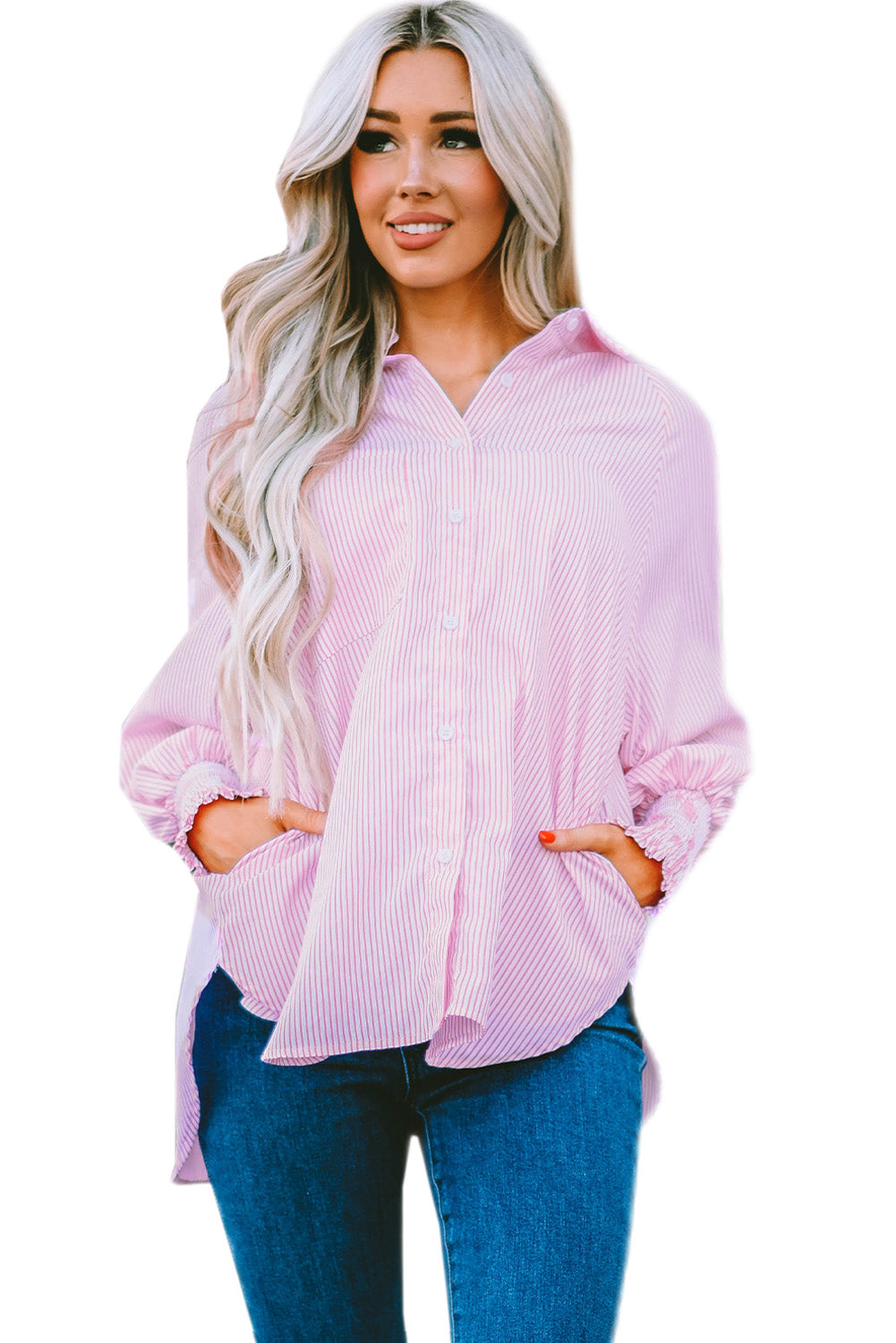 Pink Smocked Cuffed Striped Boyfriend Shirt with Pocket