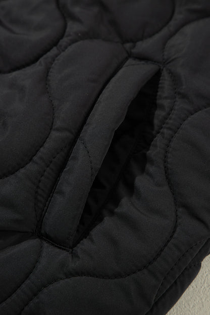 Black Quilted Drawstring Hooded Zip Up Puffer Vest