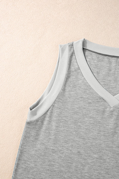 Gray Ribbed V Neck Tank