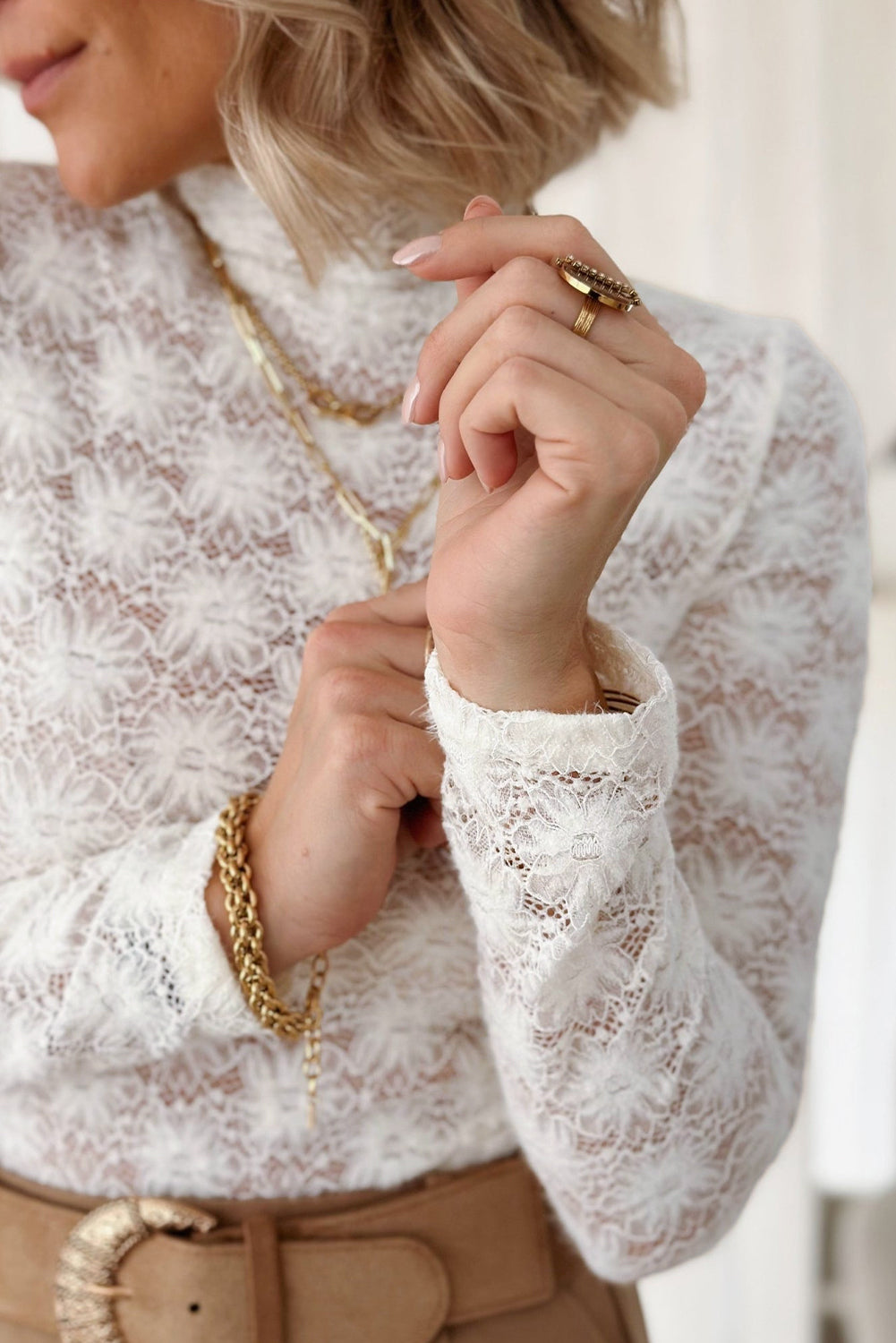 White Floral Lace High Neck Long Sleeve Top