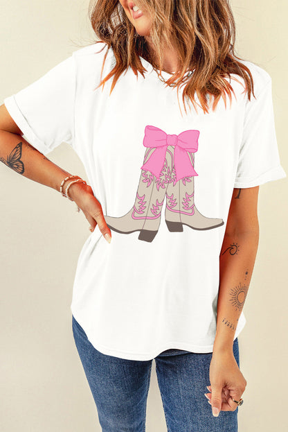 White Western Boots Bow Print Round Neck T Shirt