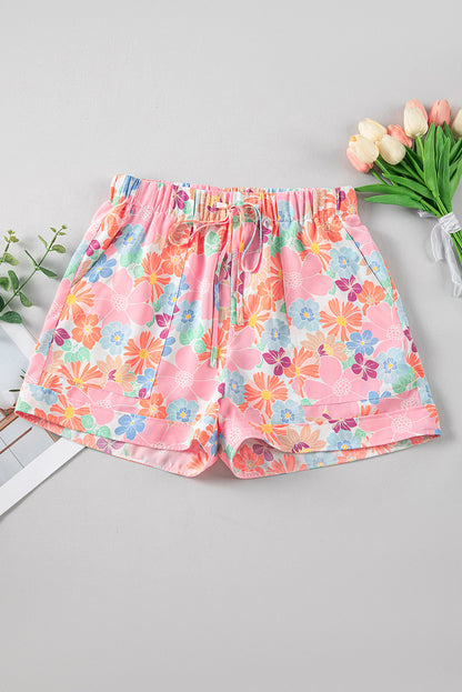 Pink Floral Print Side Pockets Drawstring Casual Shorts