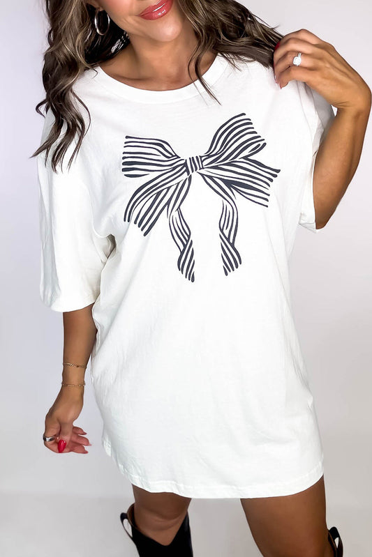 White Striped Bow Knot Half Sleeve Tunic T Shirt