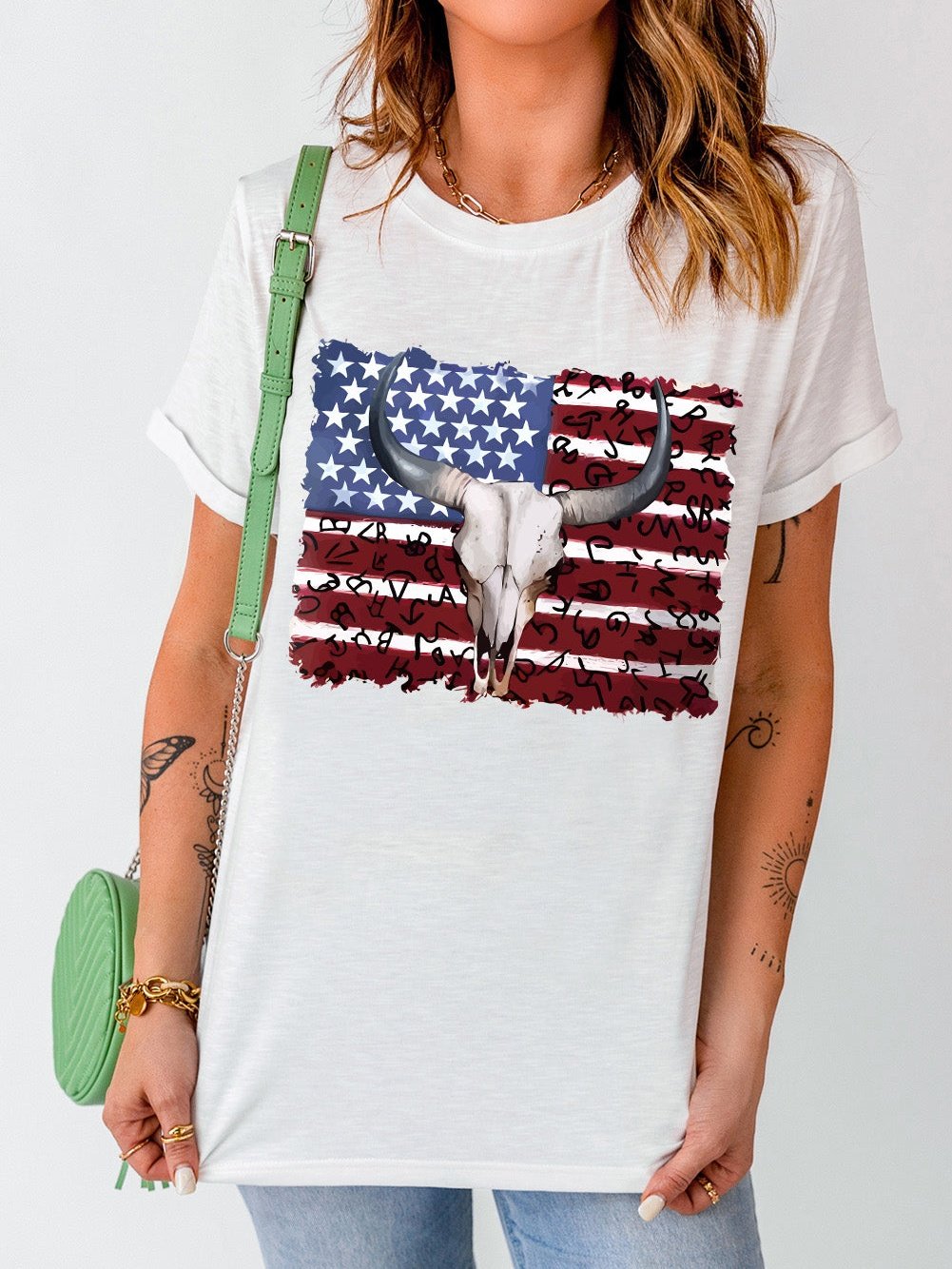 American Pride Bull Skull White Graphic Tee