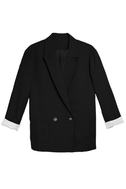 Black Buttoned Lapel Collar Blazer with Pocket