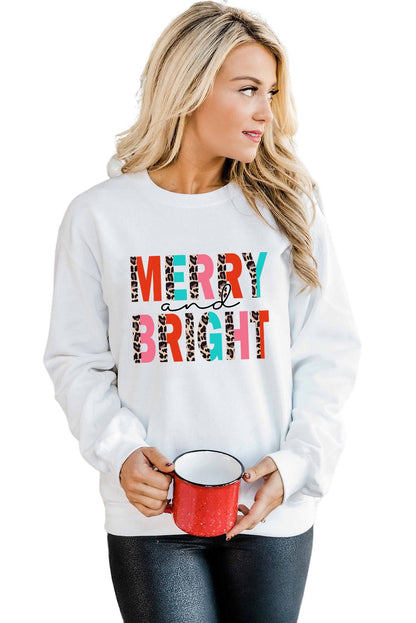 White MERRY and BRIGHT Leopard Print Pullover Sweatshirt