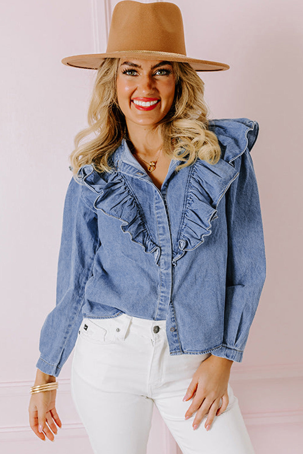 Dusk Blue Denim Ruffled Casual Top