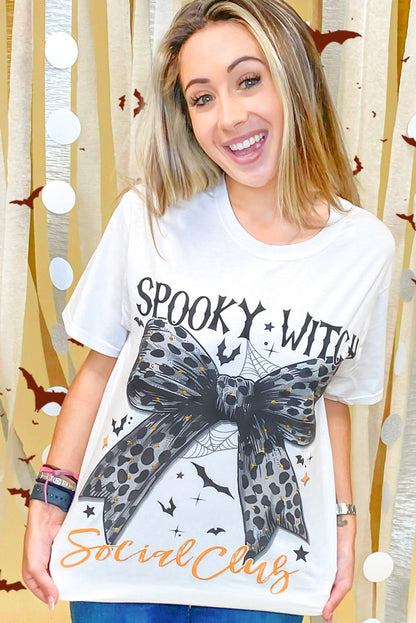 White SPOOKY WITCH Leopard Bowknot Bat Graphic Halloween T Shirt