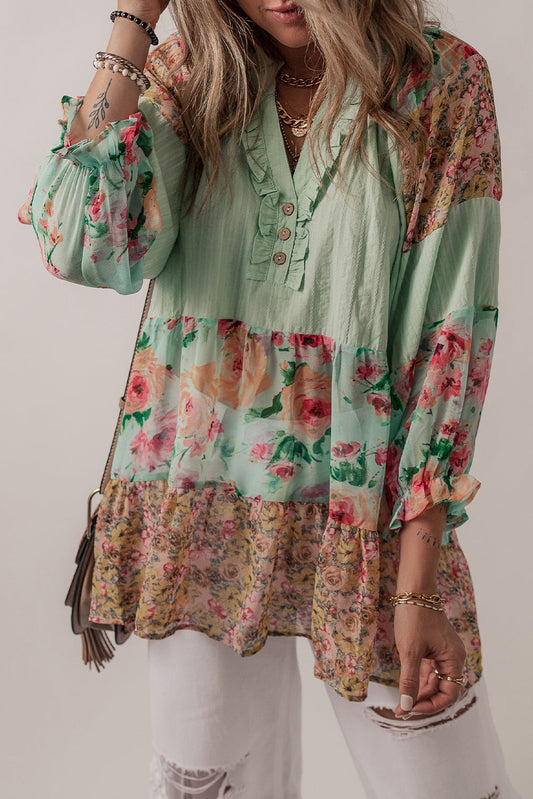 Green Printed Floral Patchwork Frilled Split Neck Blouse