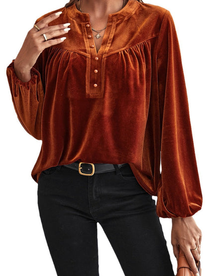 Gold Velvet Pile Neck Pleated Long Sleeve T-Shirt