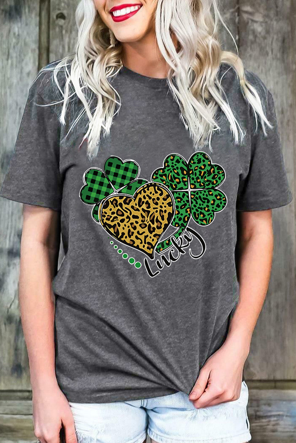 Gray Leopard Plaid Heart Clover Graphic T Shirt