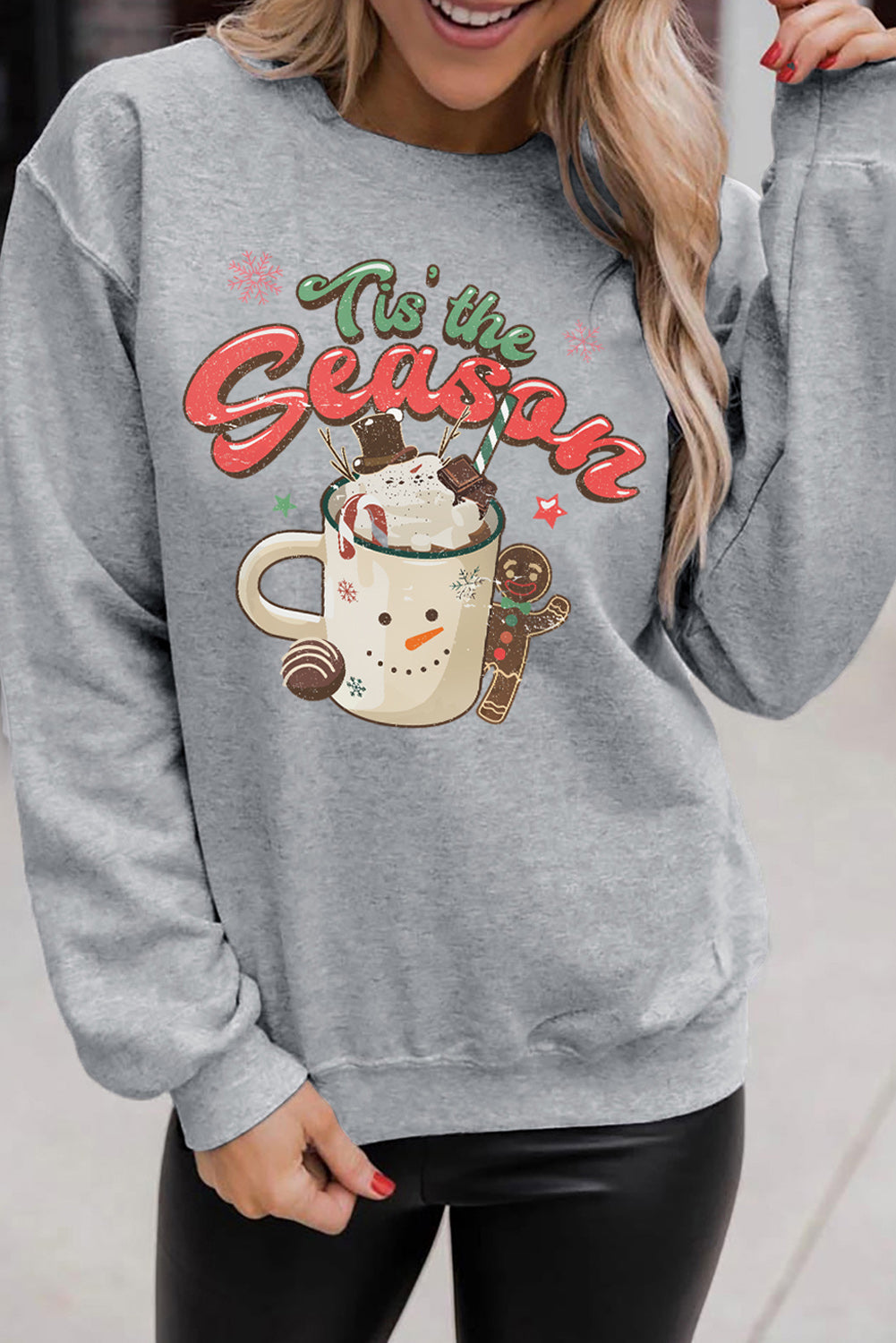 Gray Tis The Season Graphic Christmas Fashion Sweatshirt