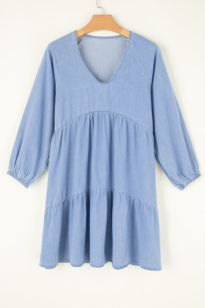 Beau Blue Puff Sleeve V Neck Tiered Ruffled Chambray Mini Dress