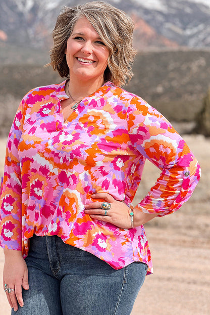 Pink Plus Size Abstract Floral Print V Neck Blouse