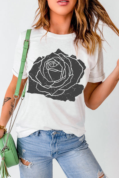 White Large Rose Print Round Neck T Shirt