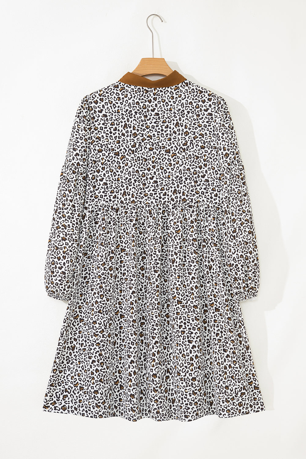 Khaki Plus Size Button V Neck Leopard Print Puff Sleeve Loose Mini Dress