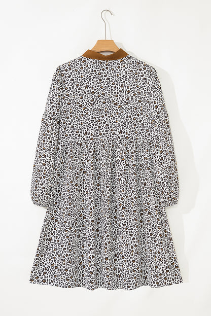 Khaki Plus Size Button V Neck Leopard Print Puff Sleeve Loose Mini Dress