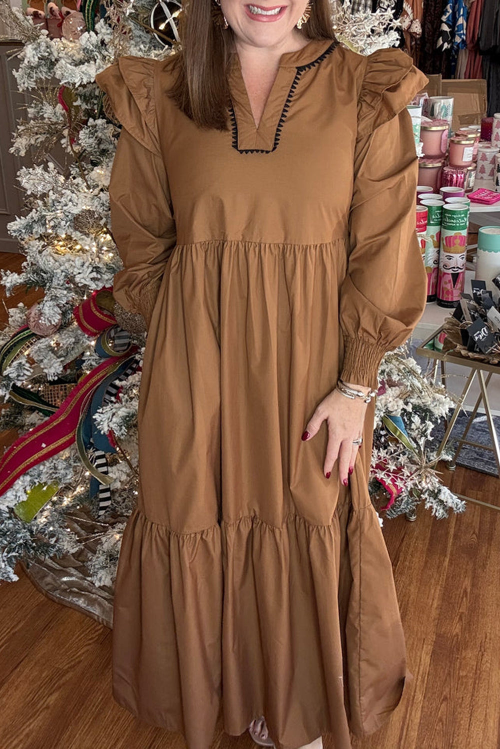Light French Beige Plus Size Ruffle Trim Long Sleeve Ricrac Trim V Neck Maxi Dress