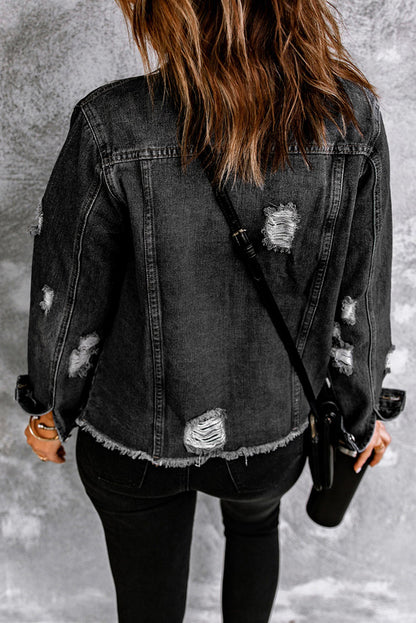 Black Lapel Distressed Raw Hem Buttons Denim Jacket