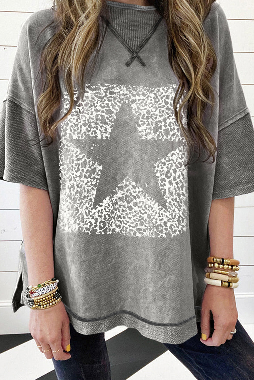 Philippine Gray Leopard Star Print Mineral Wash High Low Oversized Tee