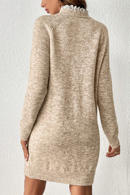 Parchment Button Lace Detail Raglan Sleeve Shift Mini Sweater Dress