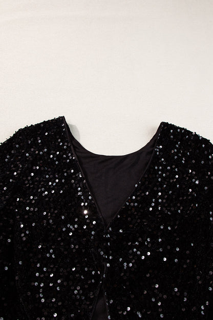 Black Sequin Long Sleeve Cutout Back Top