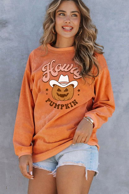 Orange Howdy Pumpkin Halloween Graphic Corded Sweatshirt