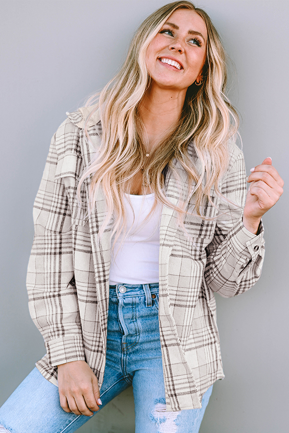 Khaki Plaid Removable Hood Buttoned Shacket