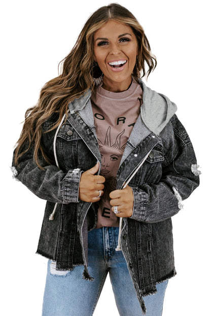 Black Drawstring Hooded Frayed Denim Jacket