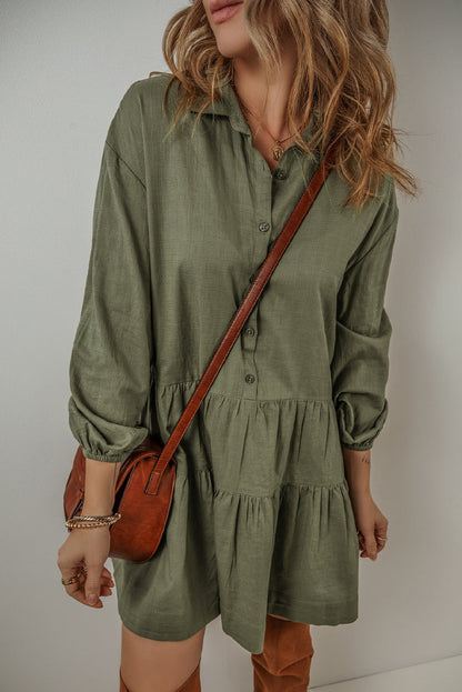 Jungle Green Puff Sleeve Buttoned Tiered Pleated Shirt Mini Dress