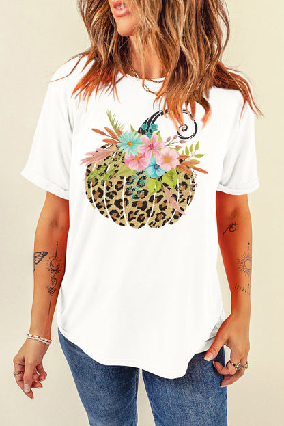 White Floral Leopard Pumpkin Graphic Halloween T Shirt