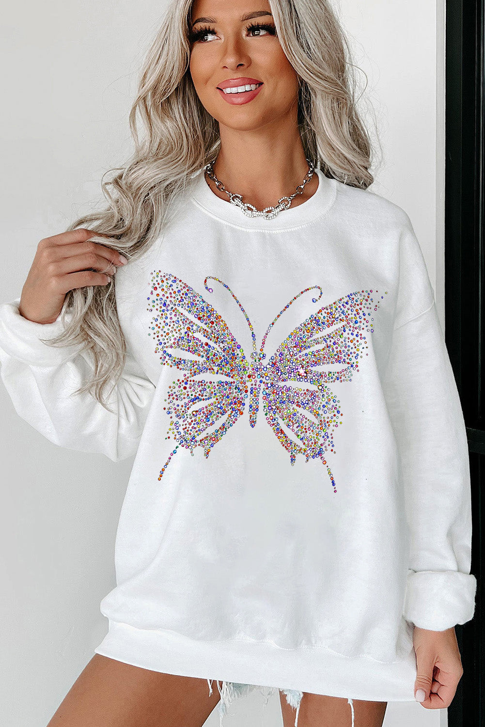 White Rhinestone Butterfly Graphic Crewneck Oversized Sweatshirt