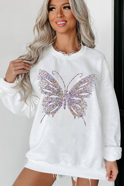 White Rhinestone Butterfly Graphic Crewneck Oversized Sweatshirt