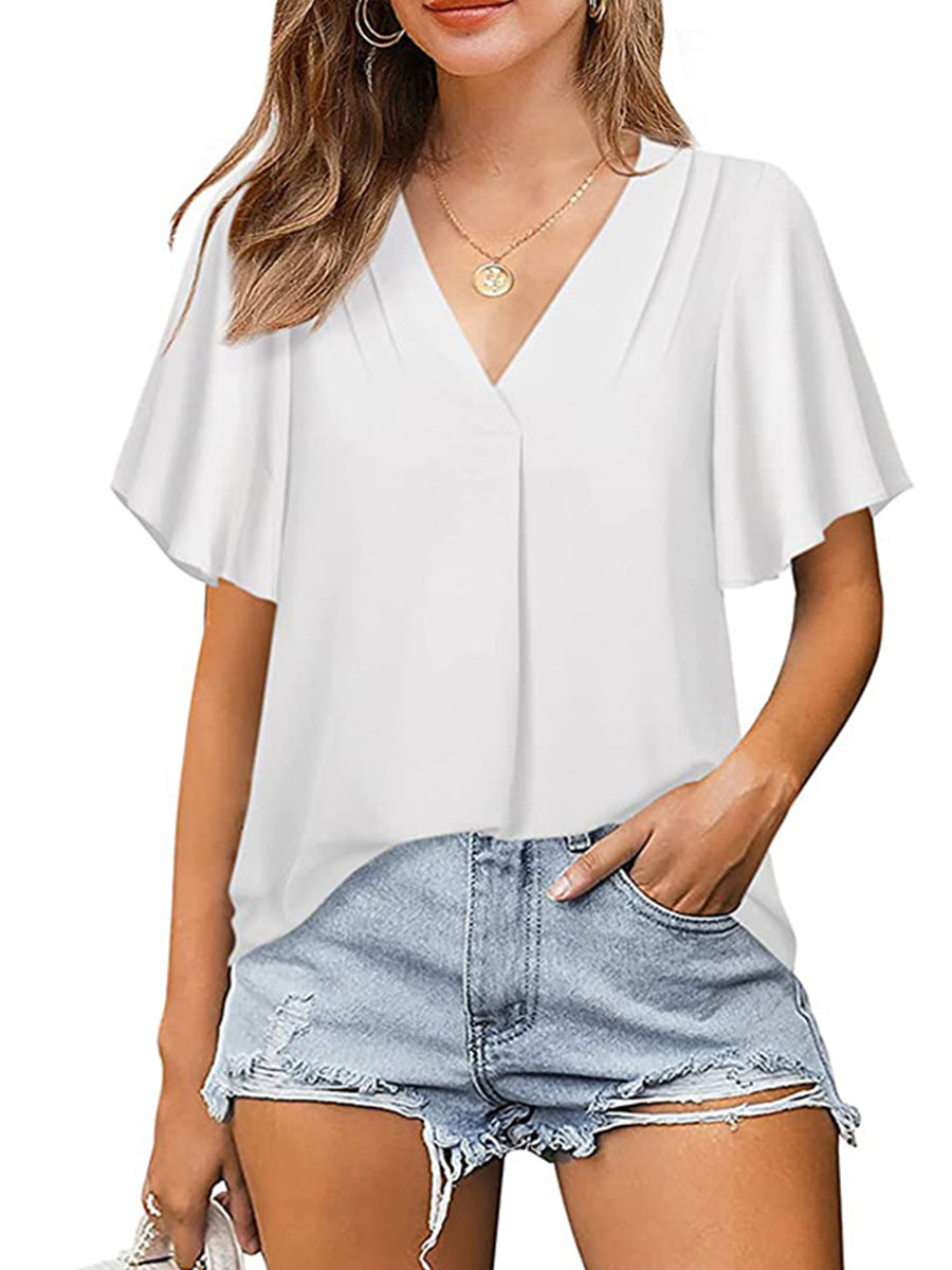 T-Shirts - Solid Color V-Neck Chiffon Loose Short Sleeve T-Shirt - MsDressly