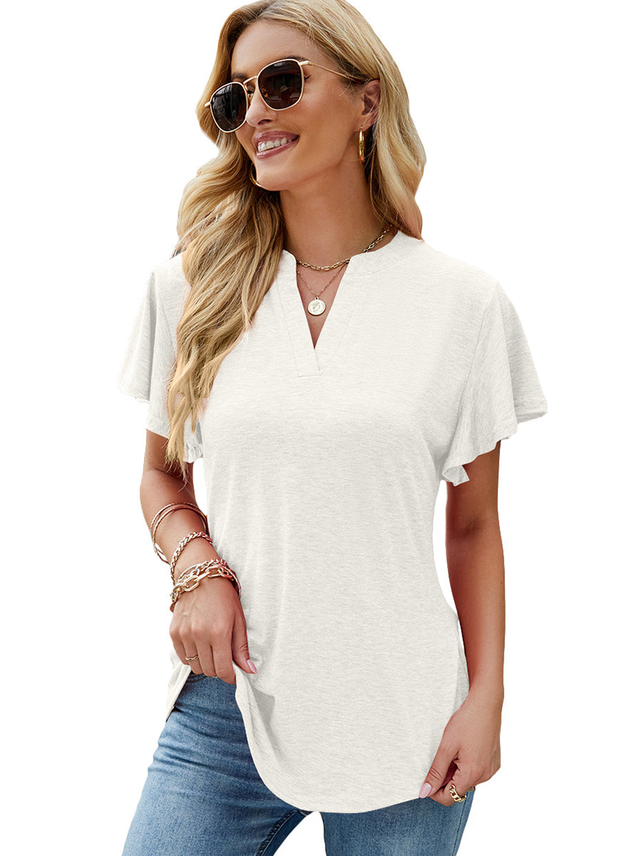 T-Shirts - Solid V-Neck Flying Sleeve T-Shirt - MsDressly