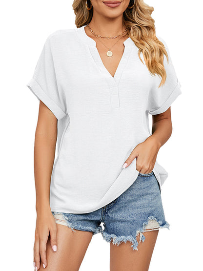 T-Shirts - Solid Color V-Neck Loose Short Sleeve Chiffon T-Shirt - MsDressly