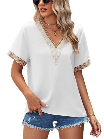 T-Shirts - Lace Paneling V-Neck Solid Color T-Shirt - MsDressly