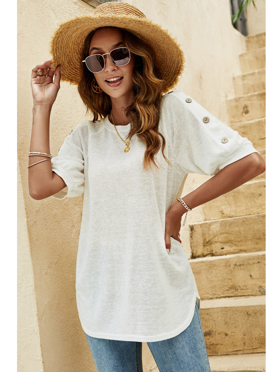 Blouses - Loose Round Neck Button Casual Half-Sleeve T-Shirt - MsDressly