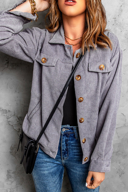 Gray Ribbed Corduroy Long Sleeve Jacket with Pocket