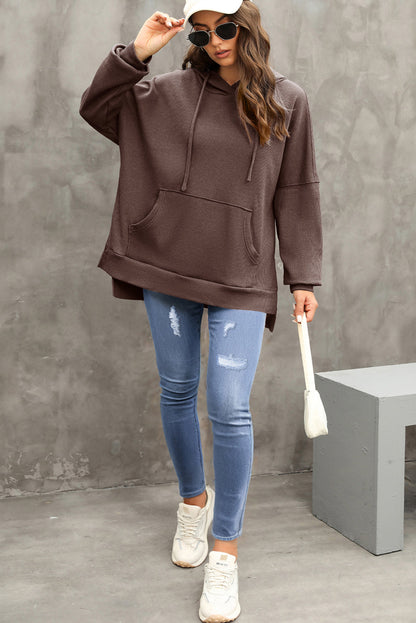 Coffee Waffle Knit Fleece Lined High Low Oversized Hoodie