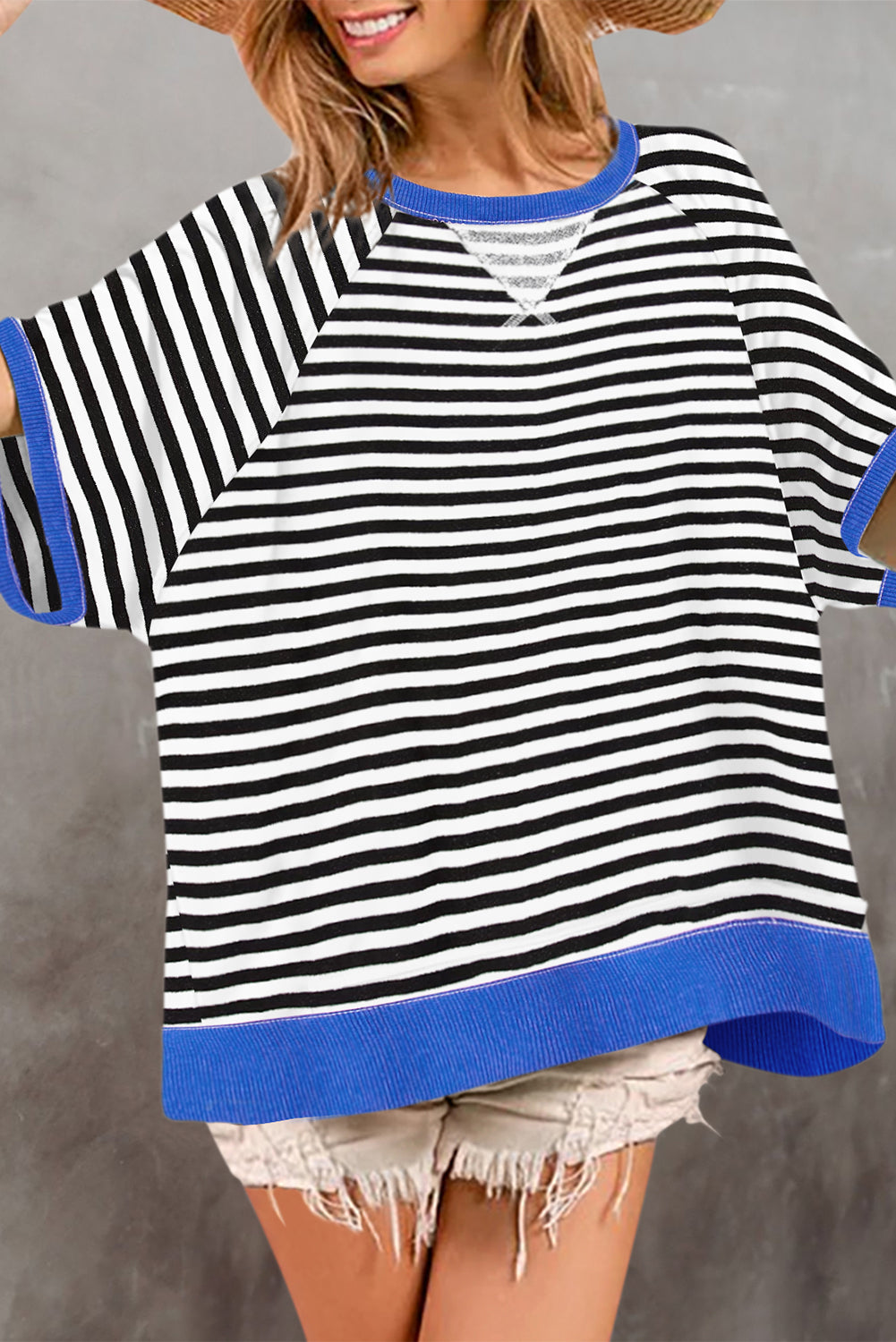 Black Stripe Contrast Ribbed Patchwork Oversize T Shirt