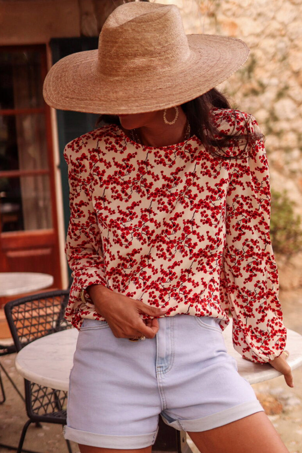 Red Floral Print Long Sleeve Open Back Blouse